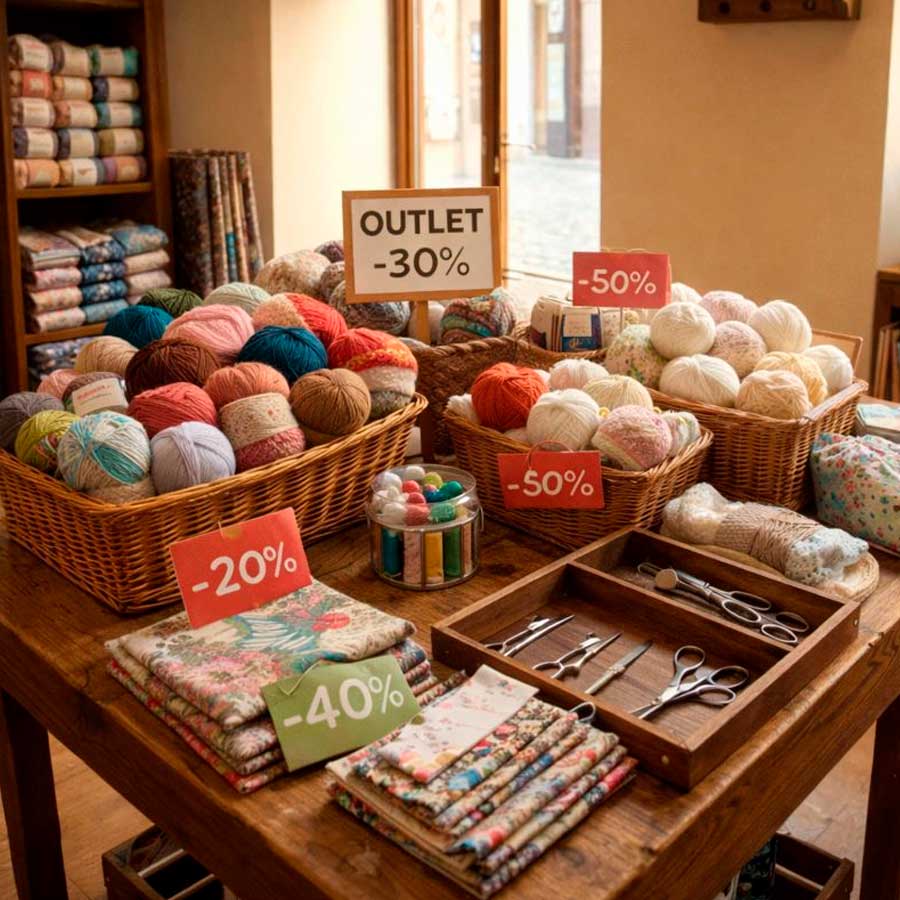 Sección Outlet de Mercería Esther con ofertas y descuentos en lanas, telas y accesorios de costura.