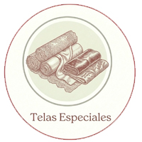Icono circular ilustrado para la categoría "Telas Especiales", representando rollos de tejidos lujosos como encaje, seda satinada y terciopelo.