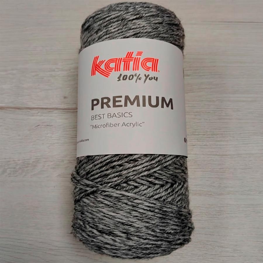 Ovillo de lana Katia Premium color 500 gris jaspeado, 100% acrílico microfibra para prendas suaves y duraderas.