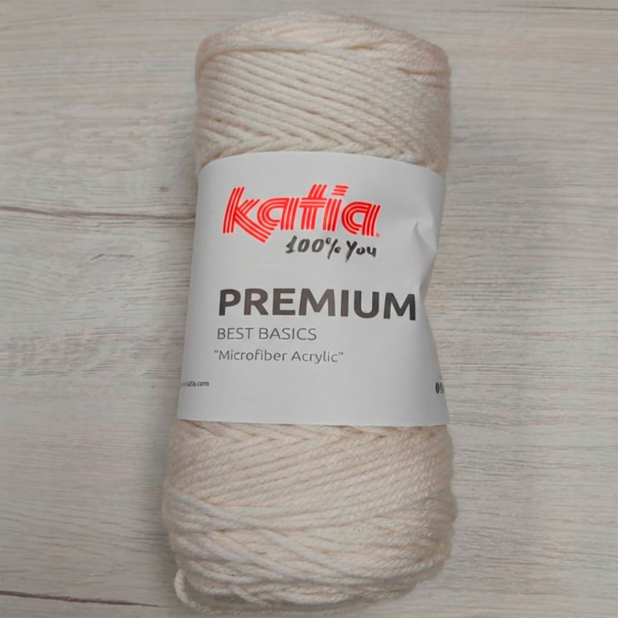 Ovillo de lana Katia Premium color 508 crema marfil, 100% acrílico microfibra de tacto seda para labores de bebé y adulto.