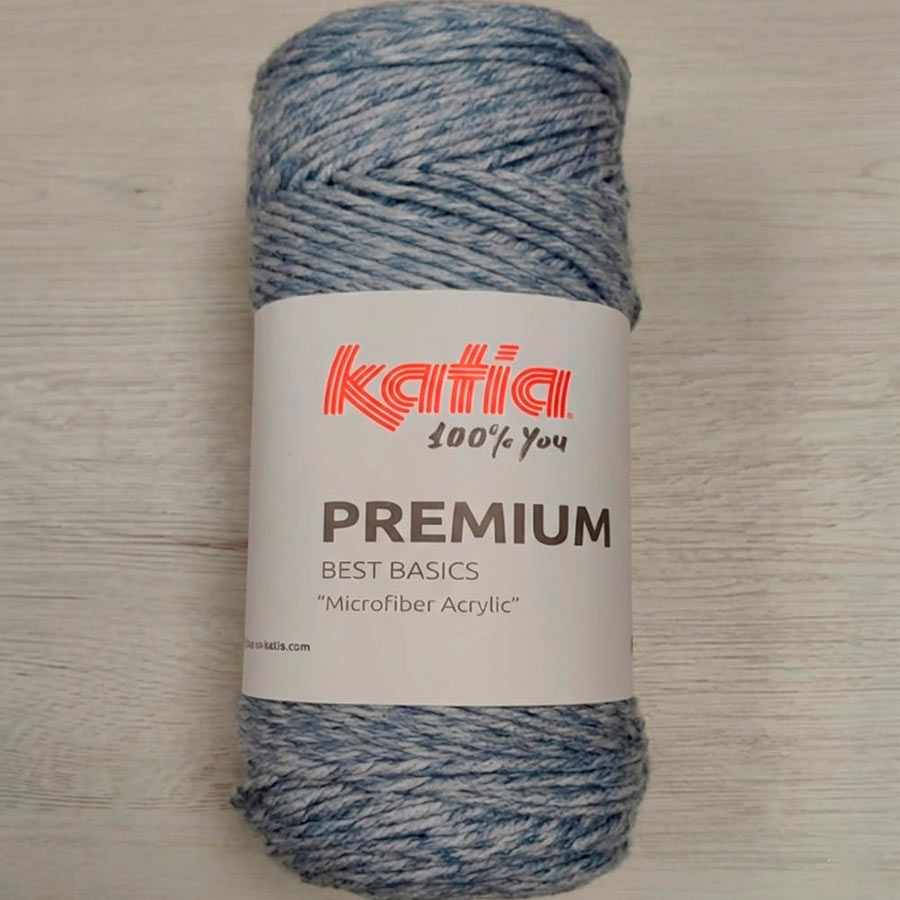 Ovillo de lana Katia Premium color 510 azul jaspeado, 100% acrílico microfibra de tacto extra suave para labores de punto y ganchillo.