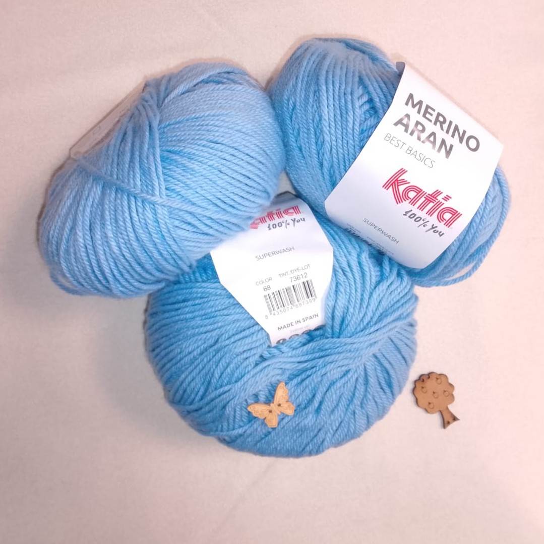 Lana Katia Merino Aran - Lana Merino y Acrílico Superwash color 68 azul cielo
