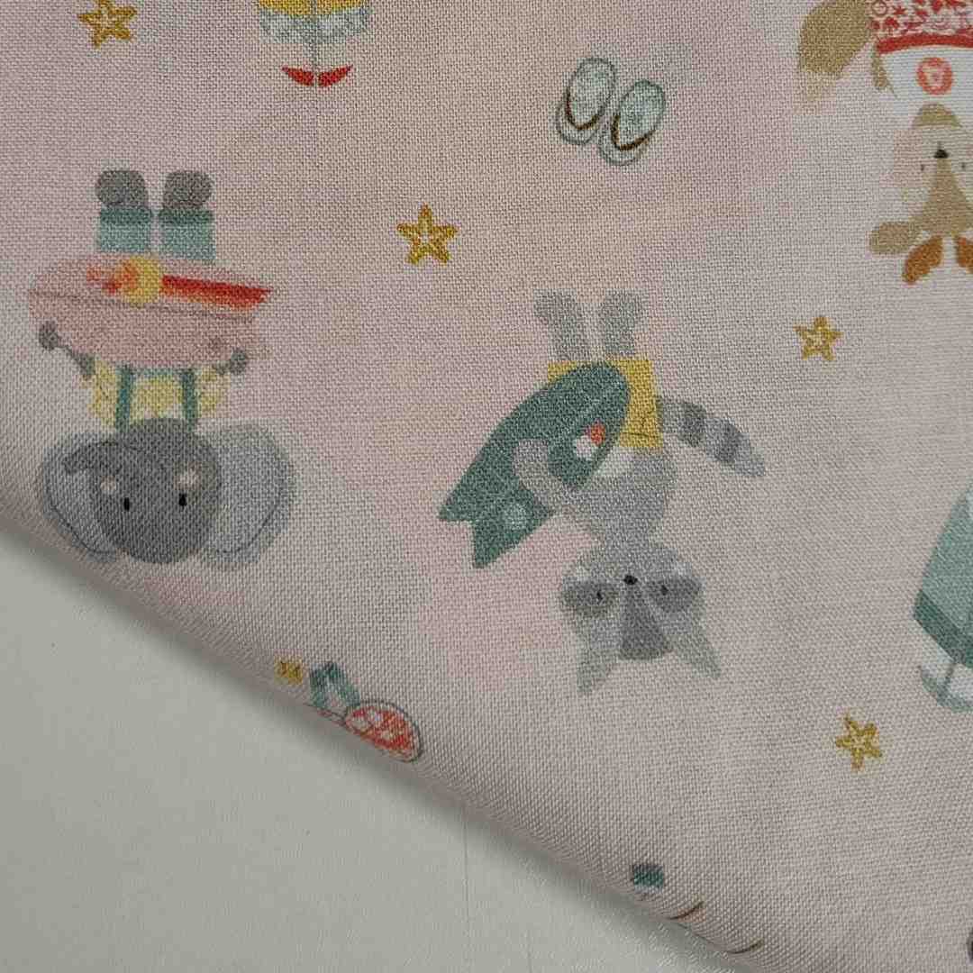 Tela de Algodón "Animales en Verano" - Estampado Infantil Mapache y Elefante Acho 140cm