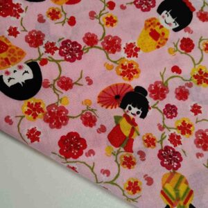 Tela de Algodón 100% Estampado Muñecas Japonesas Kokeshi - Rosa Ancho 140cm