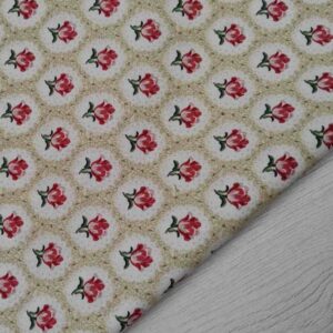 Tela Americana de Algodón - Rosas Vintage en Enrejado Beige Ancho 110cm
