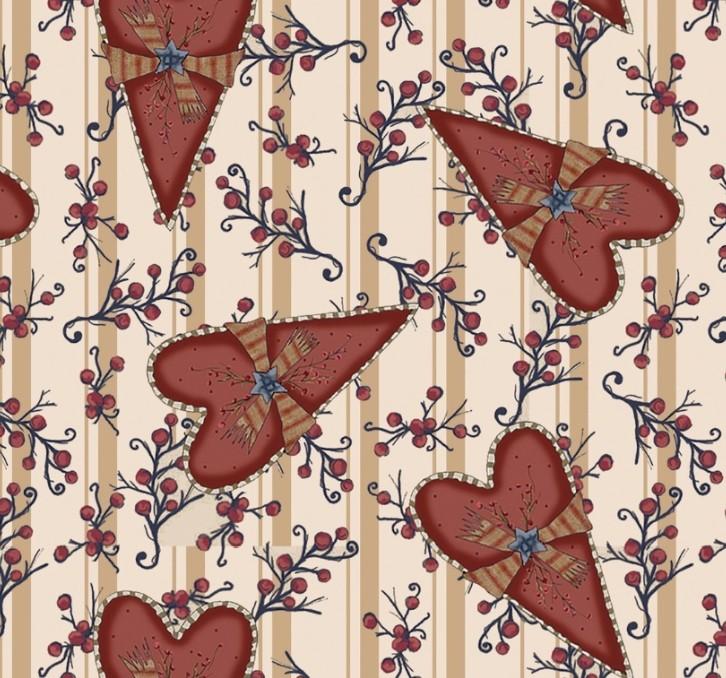Tela de Algodón Estampada – Colección Corazones Country y Bayas (Fondo Beige)