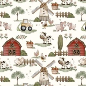 Tela de Algodón Infantil – Colección La Granjita (Molinos, Tractores y Animales)