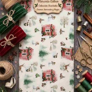Tela de Algodón "Pueblo Invernal y Casas de Navidad" (Colección Invierno)