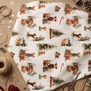 Tela Estampada de Algodón "Mascotas Navideñas" (The Watercolor Christmas Collection)