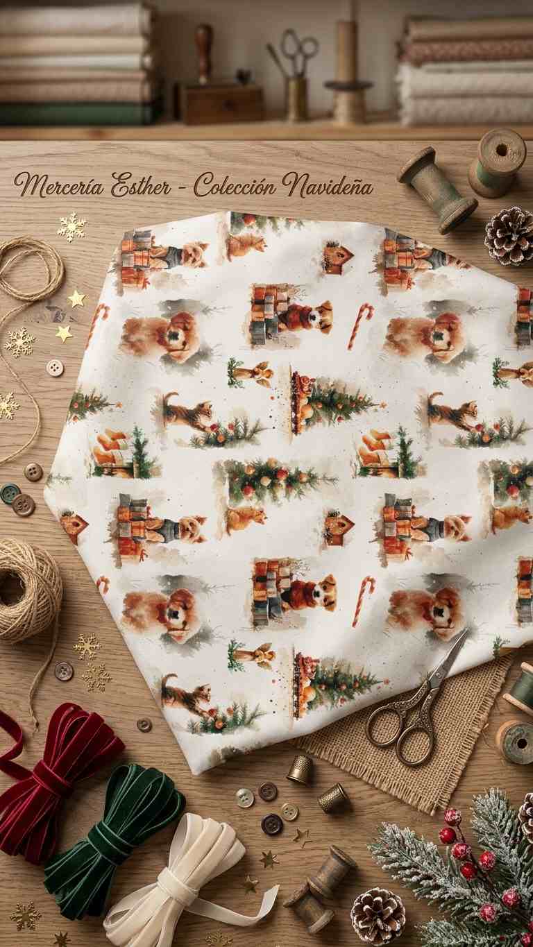 Tela Estampada de Algodón "Mascotas Navideñas" (The Watercolor Christmas Collection)