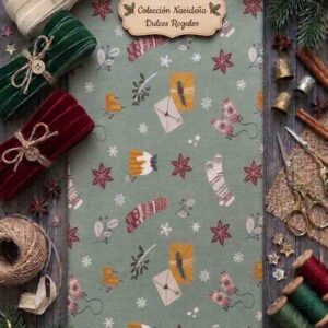 Tela Estampada de Algodón "Regalos Navideños Vintage" - Verde Salvia