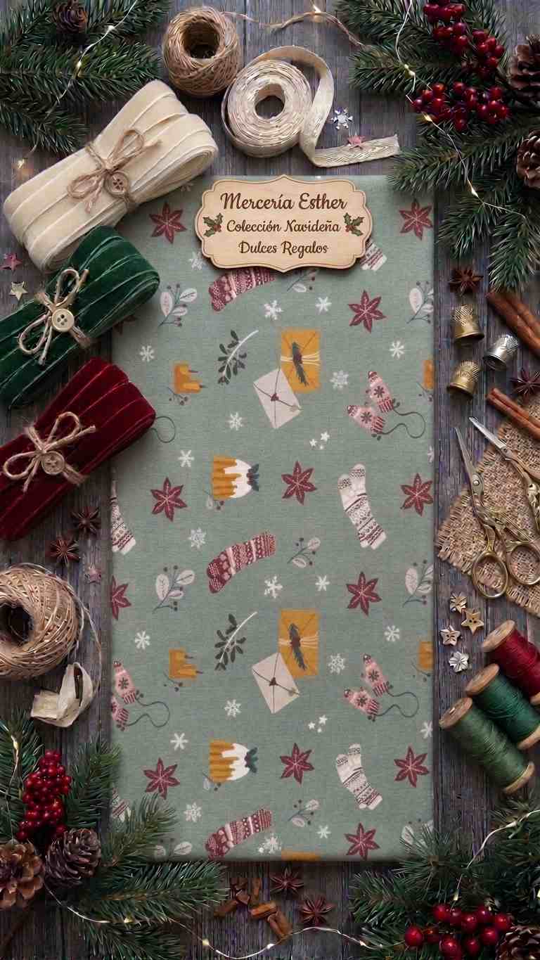Tela Estampada de Algodón "Regalos Navideños Vintage" - Verde Salvia